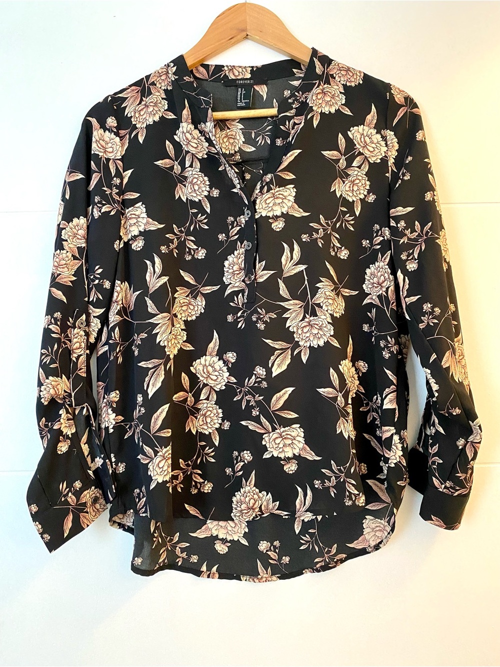 Forever 21 Black Floral Split-Neck Blouse